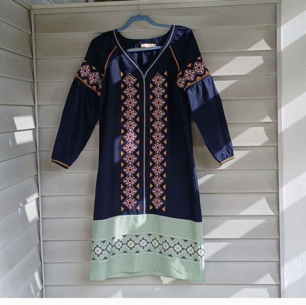 Tory Burch Navy Dress with Embroidery, 100% Silk